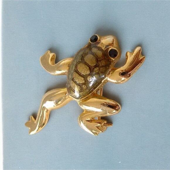 Vintage Handcrafted Enamel & Jet Black Crystal Climbing Brown Frog Pin Brooch - Picture 2 of 3